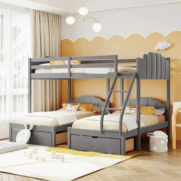 Full Over Twin & Twin Triple Bunk Bed for 4, Velvet Wooden Bunk Bed Frame with Drawers and Guardrails, 3 Beds in 1 for Kids Teens Adults, Maximized Space, Gray