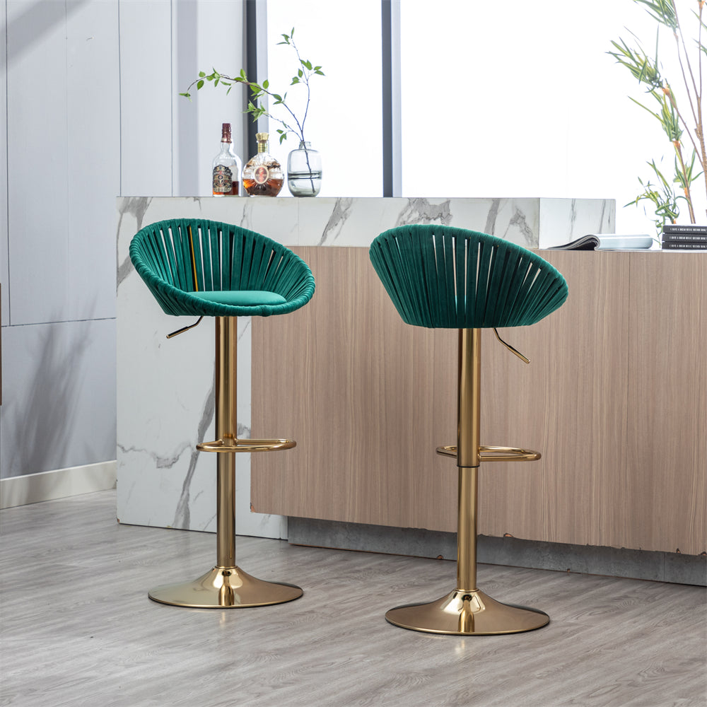 Swivel Bar Stools Set of 2, Velvet Adjustable Counter Height Bar Stool with Low Back, Kitchen Bar Chairs with Gold Footrest, Modern Barstools for Kitchen Island, Cafe, Pub and Dining Room, Emerald