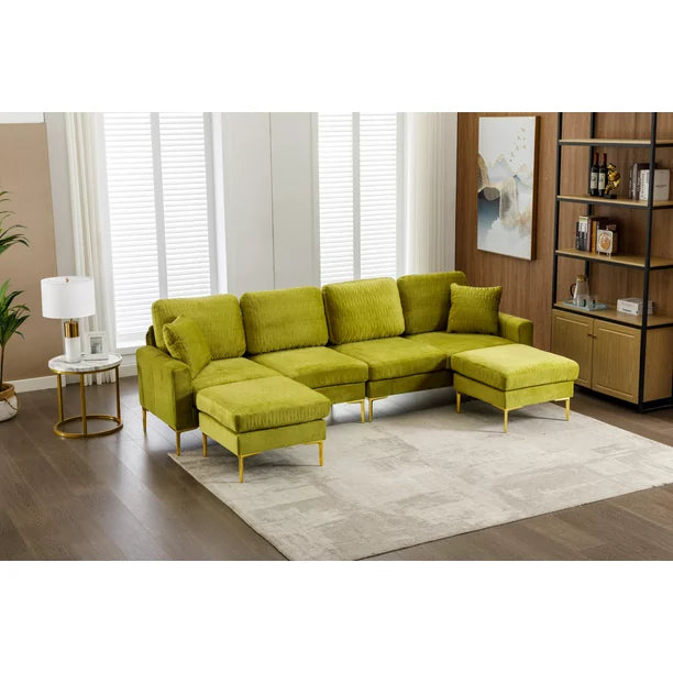 U Shaped Sectional Sofa, Contemporary Reversible sofa Couch with Movable Ottoman,Velvet Sectional Sofa Couch Set for Living Room, Apartment, Olive