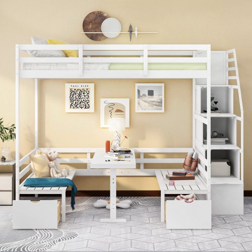 Full Over Full Bunk Bed with staircase, Wood Loft Bed with Desk and Seats,Down Bed can be Convertible to Seats and Table Set,Bunk Bed with 2 Storage Drawers for Kids Teens, No Box Spring Needed