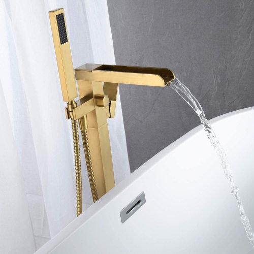 Waterfall Tub Filler, Freestanding Bathtub Faucet, Floor Mount Luxury Solid Brass High Flow Rate Single Handle Bathroom Faucets with Hand Shower, Brushed Gold