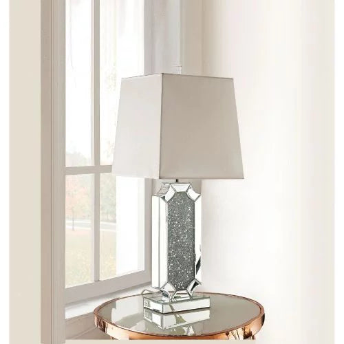 Mirror Table Lamp with Floating Crystal Decor Center Pieces - Feature Large White Linen Shade - 33" Tall Fits in Living Rooms, Bedrooms, or Home Offices