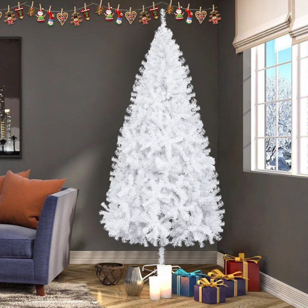 7ft Christmas Tree, White Premium Hinged Artificial Christmas Pine Tree with 1349 Branch Tips and Metal Base for Home, Office, Party Holiday Decoration (7ft, White)