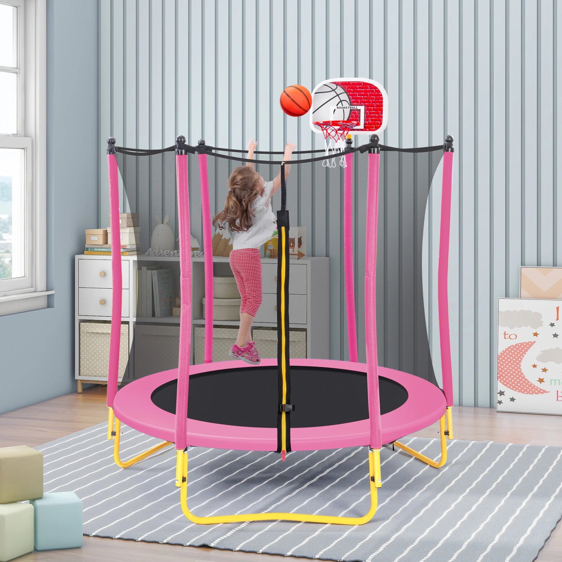 5.5FT Trampoline for Kids,65" Outdoor Indoor Mini Toddler Trampoline with Enclosure,Basketball Hoop and Ball