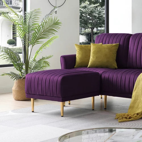 Upholstered Velvet Ottoman with Gold Legs, Metal Base, Small Footstool Ottoman, Stool Seat, Sofa Footrest, Extra Seating for Living Room Entryway, Purple