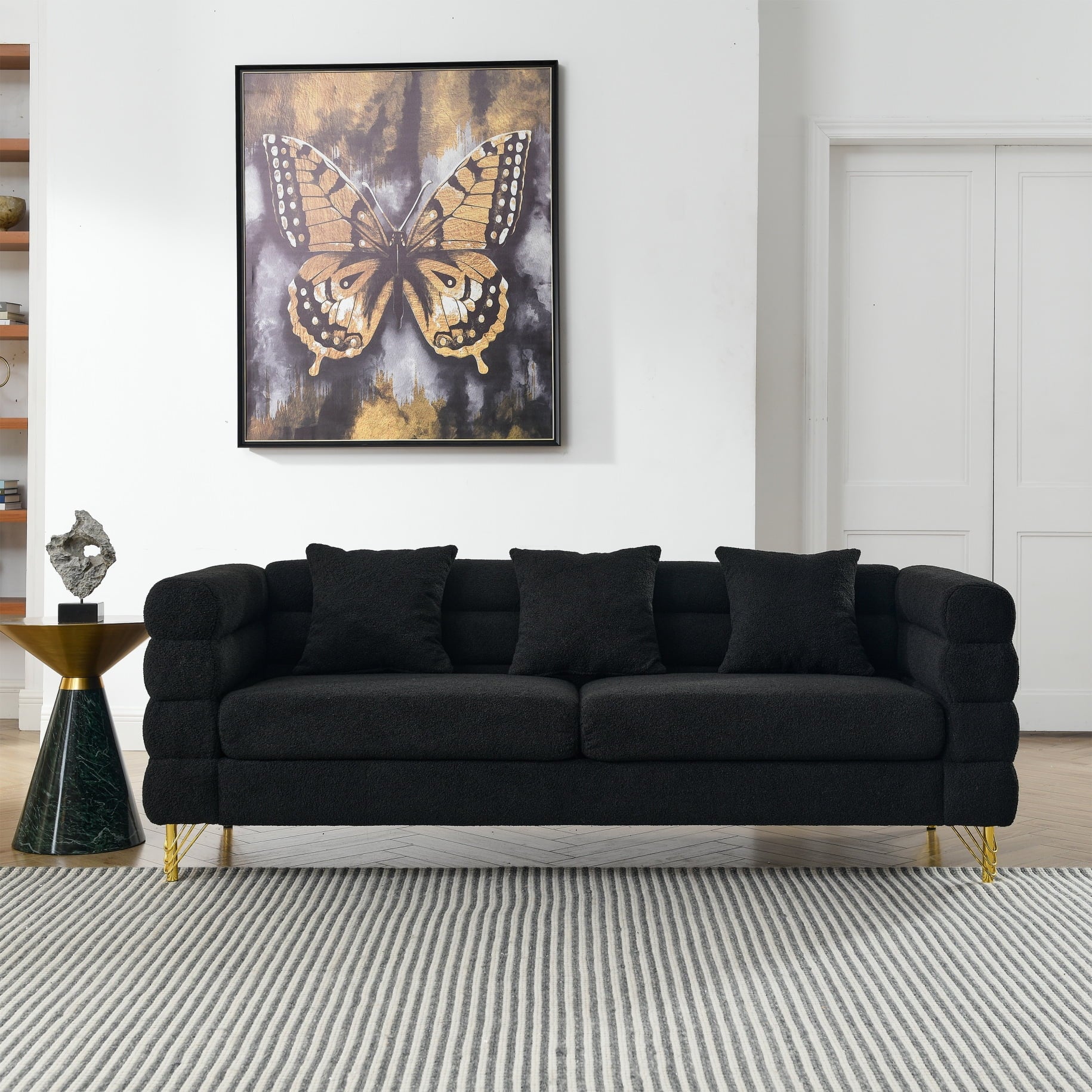 81 Inch Oversized 3-Seater Sectional Sofa, Modern Upholstered Deep Seating Sofa with 3 Throw Pillows and Golden Metal Legs, Comfort Fabric Sectional Sofa for Living Room Bedroom, Black