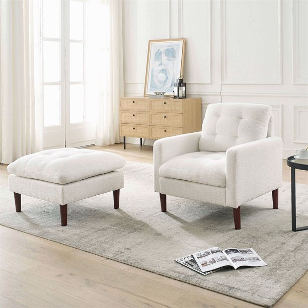 Accent Chair with Ottoman, Modern Fabric Single Sofa Chair with Wood Legs, Upholstered Armchair with Footrest, Living Room Leisure Chair Ottoman Set, Tufted Chair for Reading or Lounging, White