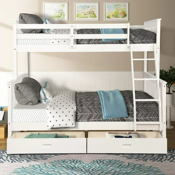 Twin-Over-Full Bunk Bed with Ladders and Two Storage Drawers, No Box Spring Needed Wood Bed for Boys Girls Teens Kids Bedroom, White 79.53''L x 58.27''W x 66.54''H