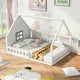 Full Size Wood House Bed with Window and Fence, House Floor Bed Frame with Full-length Guardrail, Floor Bed Full with Wooden Support Slats for Boys and Girls, Weight Capacity 400 Pounds, White