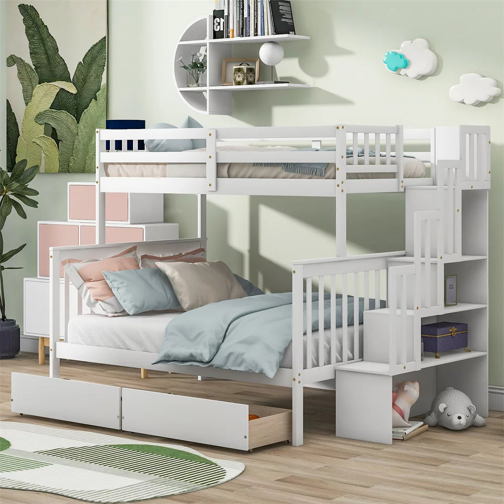 Bunk Bed with 2 Drawers and Storage Staircases, Solid Wood Twin Over Full Bunk Bed Frame with Safety Guardrail, Headboard, Footboard and Handrails, Convertible into 2 Beds, No Box Spring Needed, White