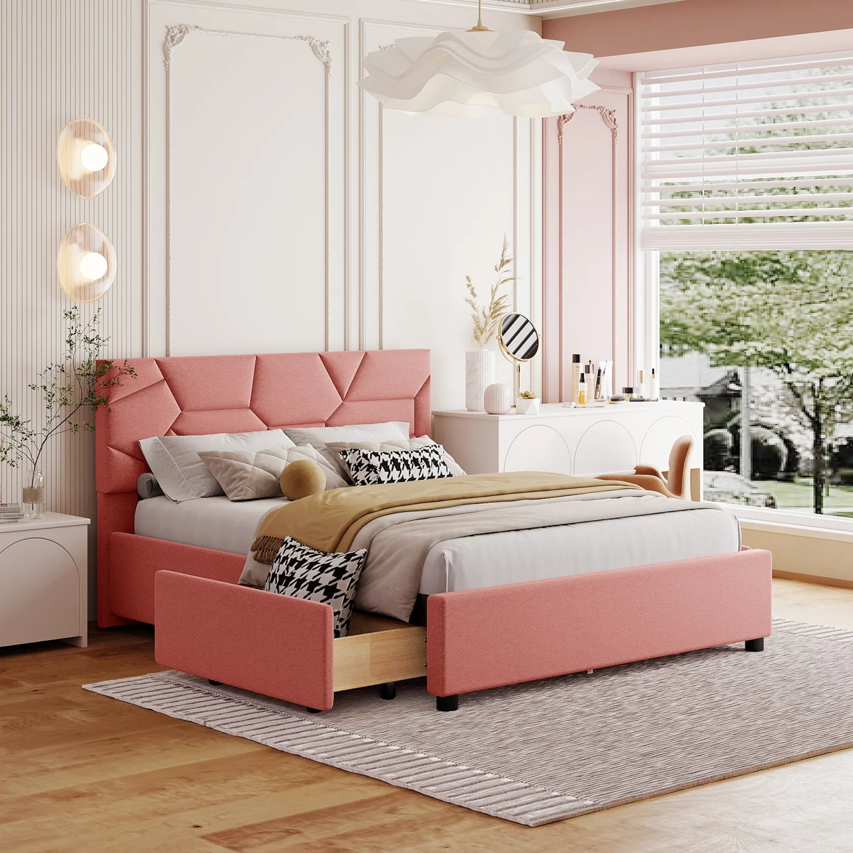 Upholstered Platform Bed with 4 Storage Drawers, Full Size Storage Platform Bed Frame with Brick Pattern Heardboard and Wood Slats Support for Bedroom Dorm Apartment, No Box Spring Needed, Pink