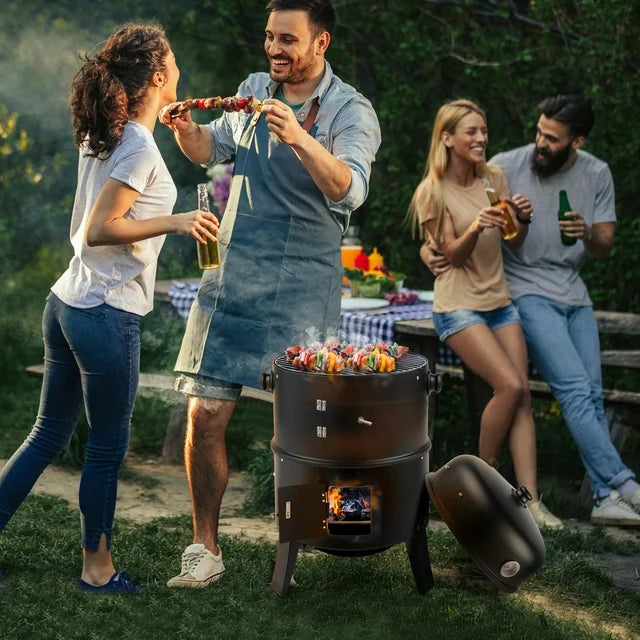 31" Steel Charcoal Smoker, Heavy Duty Round BBQ Grill, Adjustable Air Outlet, Detachable 2-Layers Outdoor Patio Barbecue Cooker with Othermometer, for Outdoor Cooking, Balcony Picnics, Party