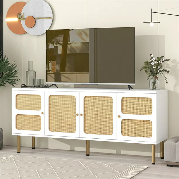 Boho Style TV Stand with 4 Rattan Door, Woven Media Console Table for TVs Up to 70", Country Style Design Side Board with Gold Metal Base for Living Room, White