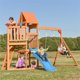 Outdoor Solid Wood Swing Set, Playset with Slide, Climbing wall, Sandbox and Wood Roof, for Age 3 to 10 Year