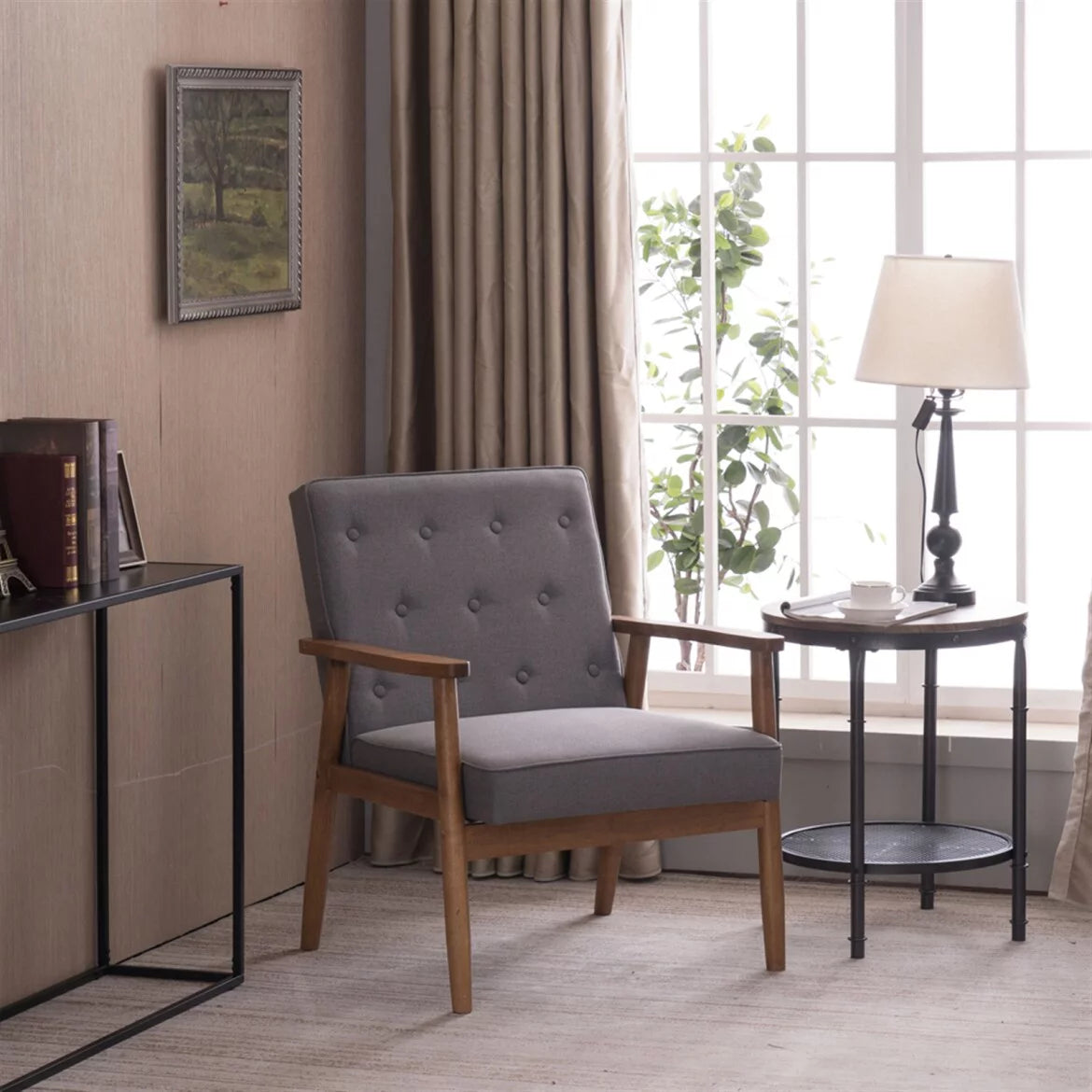 Modern Accent Chair, Retro Solid Wood Armrest with Wooden Frame and Armrest, Mid-Century Fabric Upholstered Lounge Chair with Paded Seat, Single Chair for Living Room Bedroom Apartment, Grey Fabric