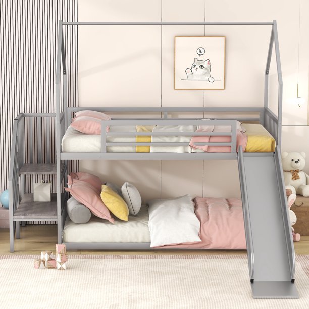 Twin Size Bunk Bed, Metal Twin Over Twin Bunk Bed with Slide and Staircase,Low Bunk House Bed, Heavy-Duty Metal Playhouse Bed Frame for Kids Boys Girls,Silver