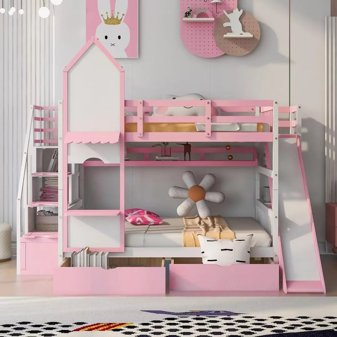 Wood Bunk Bed, Full-Over-Full Castle Style Bunk Bed with 2 Drawers and 3 Shelves, Playhouse Inspired Bunk Bed with Slide and Storage Staircase, No Box Spring Needed, Pink