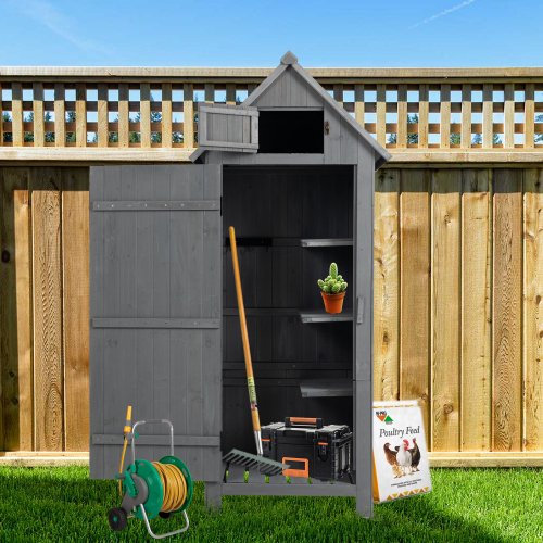 Garden Storage Shed, Outdoor Wooden Storage Cabinet with Lockable Doors, Backyard Utility Tools Organizer Racks Shelves for Patio, Backyard, Garden, Lawn, Fir Wood Organizer Shed, Gray