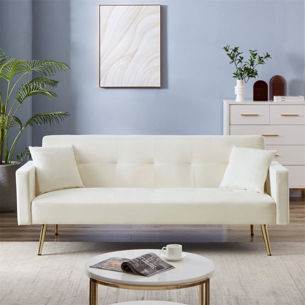 Convertible Futon Sofa,Upholstered Velvet Folding Sleeper Sofa Bed with Adjustable Backrest,Recliner Folding Loveseat with Square Armrest and Gold Metal Legs for Living Room Bedroom,Cream White