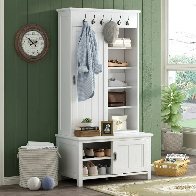 70 Inch Multifunctional Hall Tree with Sliding Doors, Wooden Hallway Shoe Cabinet with Storage Bench and 5 Shelves, Mudroom Coat Storage with 6 Metal Hooks for Entryway, Living Room, Bedroom, White