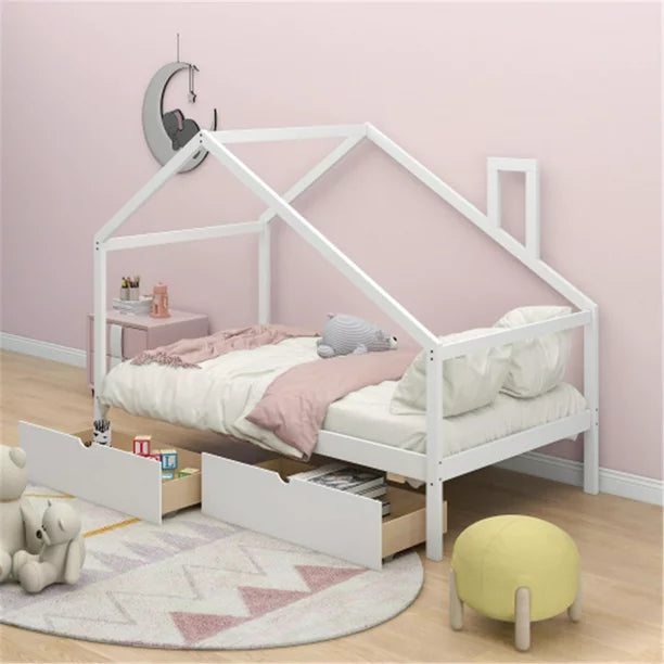 Twin Daybed Frame with Storage Drawers, House Bed with Roof for Kids, Wood Slats Support, White