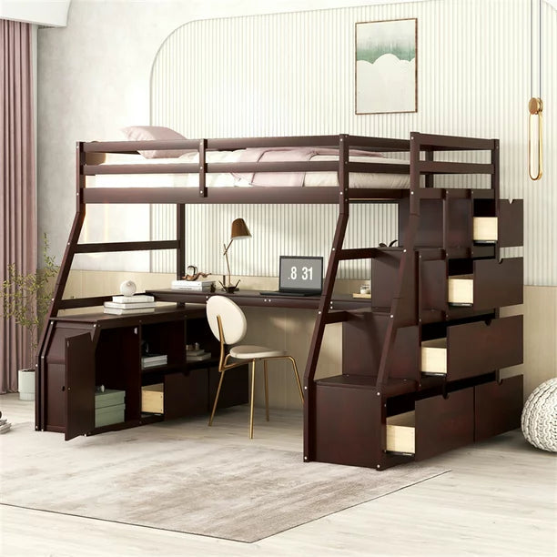 Twin Loft Bed, High Loft Bed with Stairs and Desk, Solid Wood Loft Bed Frame with Storage 7 Drawers 2 Shelves and 1 Cabinet, Suitable for Kids Teens Adults, Espresso