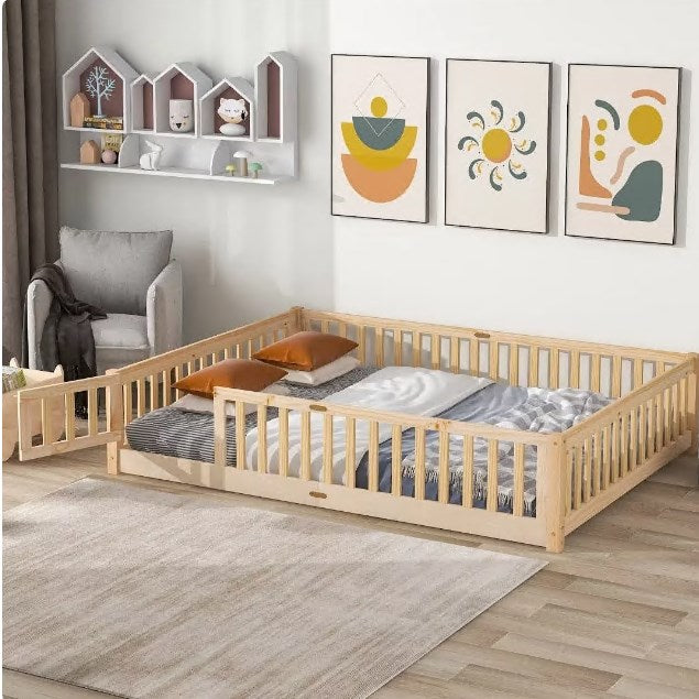 Triple Tree Queen Floor Bed Frame for Toddler, Montessori Floor Bed with Fence and Wood Slats for Girls Boys Kids Happy Time,Natural