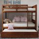 Full Over Full Bunk Bed with Twin Size Trundle, Wood Bunk Bed Frame with Ladder and Guardrail, Walnut