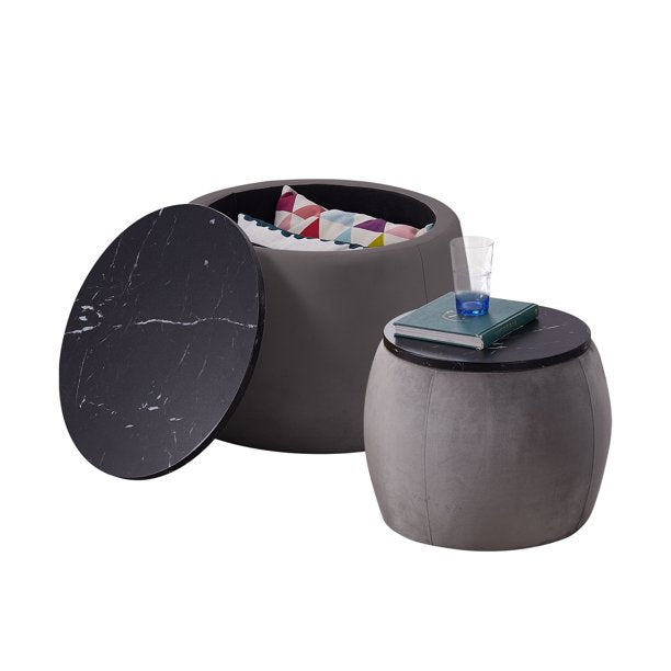 Set of 2 Nesting Round Storage Ottoman, Circle Ottoman Footstool with MDF Cover, Coffee Table Side Table End Table for Living Room, Bedroom, No Installation Needed,