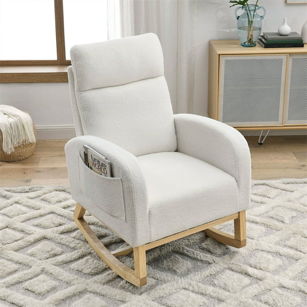 Rocking Chair for Nursery, Modern Accent Rocker Armchair with Solid Wood Legs, 27.6"W Upholstered High Back Lounge Chair with Two Side Pocket for Living Room Baby Room Bedroom, White Teddy