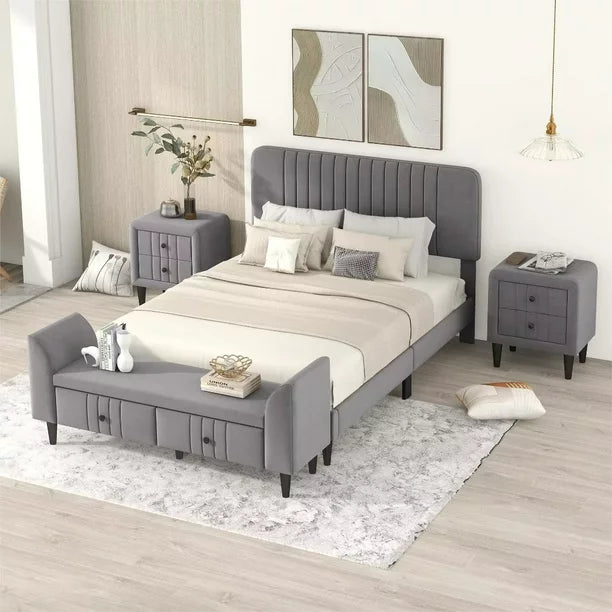 4-Pieces Bedroom Furniture Sets, Full Size Upholstered Platform Bed with 2 Nightstands & Storage Benches, Bedroom Sets for Adults Teens, Gray