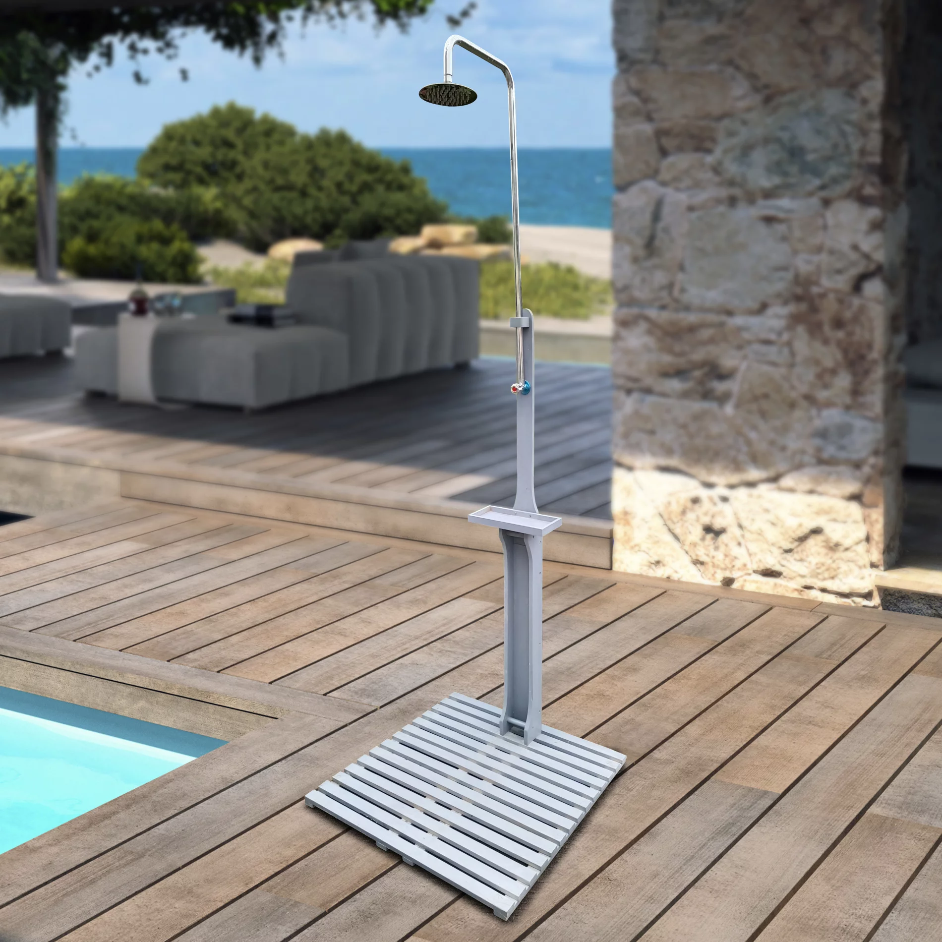 Outdoor Shower, Portable Pool Shower Station Fixture with Chassis Board & Storage Shelf, Pressure Adjustable, Freestanding Outside Shower Kit for Patio, Swimming, Garden, Backyard, Gray