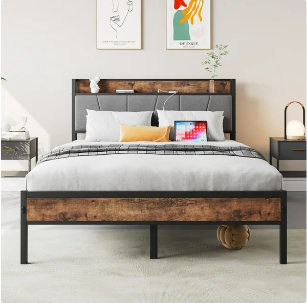 Queen Size Platform Bed with Upholstered Headboard and Footboard, USB Ports Charging Station, Farmhouse Metal Bed Frame with Slats Support, Noise-Free & No Box Spring Needed
