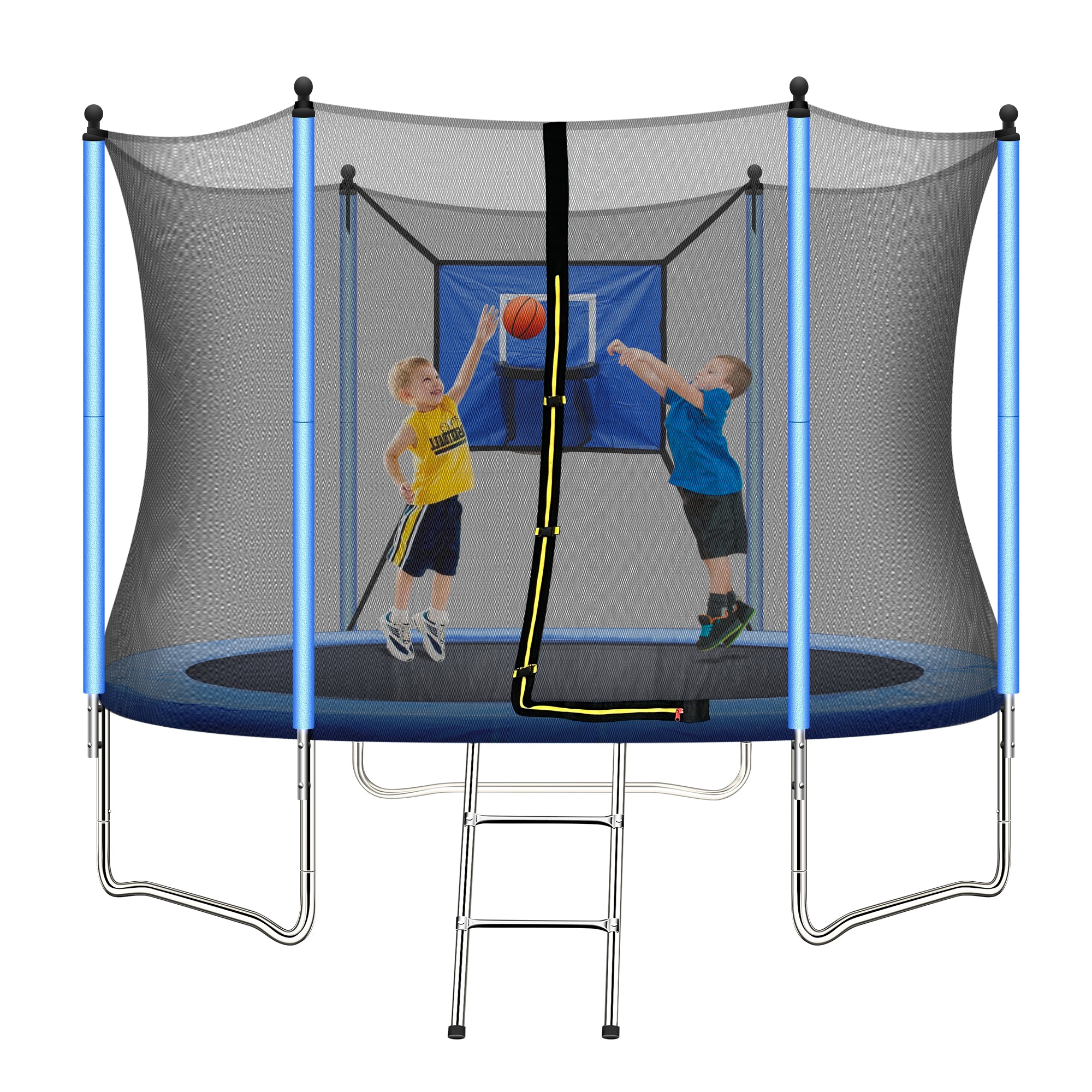 8FT Kids Recreational Trampoline with Basketball Hoop, Enclosure Net and 2 Steps Ladder for Indoor, Outdoor and Backyard, Blue