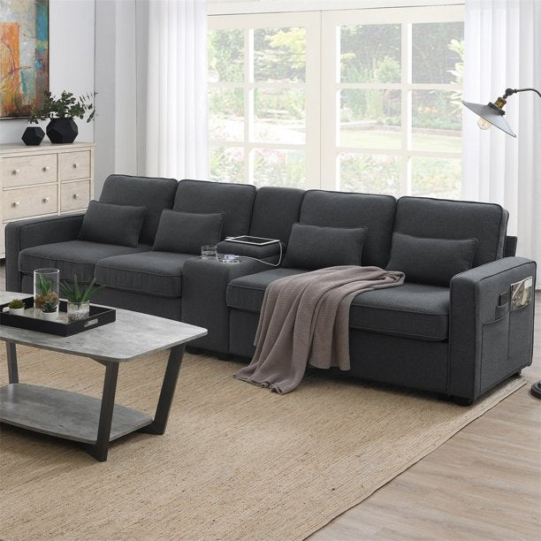 4 Seater Sofa, 114.2" Modern Linen Fabric Upholstered Sofa with Storageable Coffee Table and 2 Cupholders, 2 USB Ports Wired or Wirelessly Charged, Double Loveseat Couch for Living Room, Dark Grey