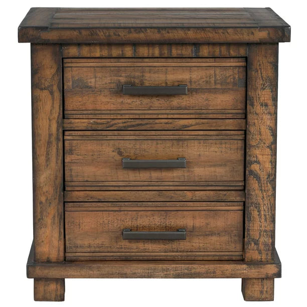 Rustic Three Drawer Reclaimed Pine Wood Nightstand, Wooden Front and Top, Industrial Style Nightstand for Bedroom, 40"W x 18"D x 49"H
