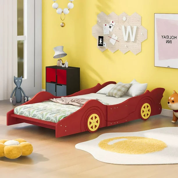 Twin Size Race Car-Shaped Floor Bed for Kids and Toddlers, Solid Wood Montessori Bed Frame with Safety Rails and Wheels, Modern Low Bed with Sturdy Slats Support for Boys and Girls, Red