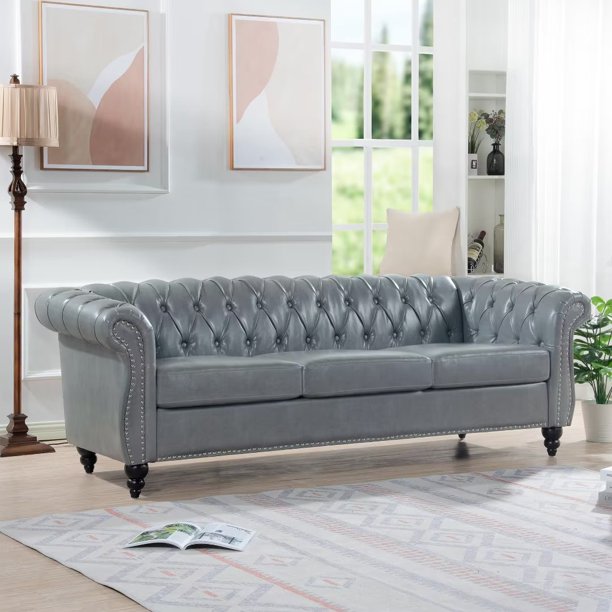 84"Rolled Arm Chesterfield Sofa Couch, Modern 3 Seater Sofa Couch, Luxious Leather Couch with Thicken Seat Cushions and Button Tufted Back, Chesterfield Couch with Nailhead Trim, Gray+PU