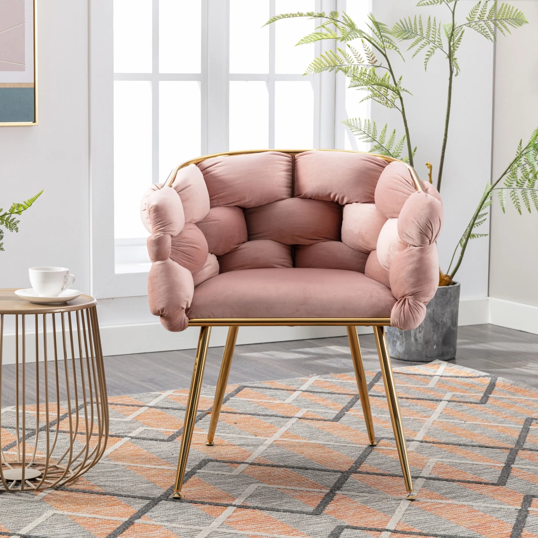 Luxury Velvet Accent Chair, Modern Upholstered Chair with Metal Frame, Stylish Woven Back, Gold Frame, Single Leisure Arm Chair for Living Room, Bedroom, Office, Balcony, Pink