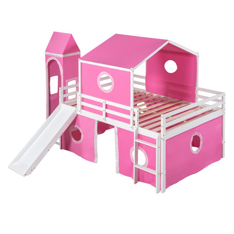 Full Size Castle Shaped Floor Bunk Bed, Full Over Full Floor Bunk Loft