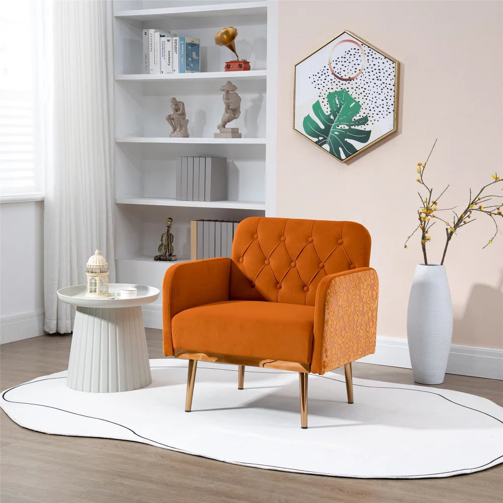 Mid Century Modern Accent Chair, Velvet Fabric Single Lounge Reading Armchair with Button Tufted & Side 3D Pattern, Upholstered Comfy Accent Arm Chair with Tapered Legs for Living Room Bedroom, Orange