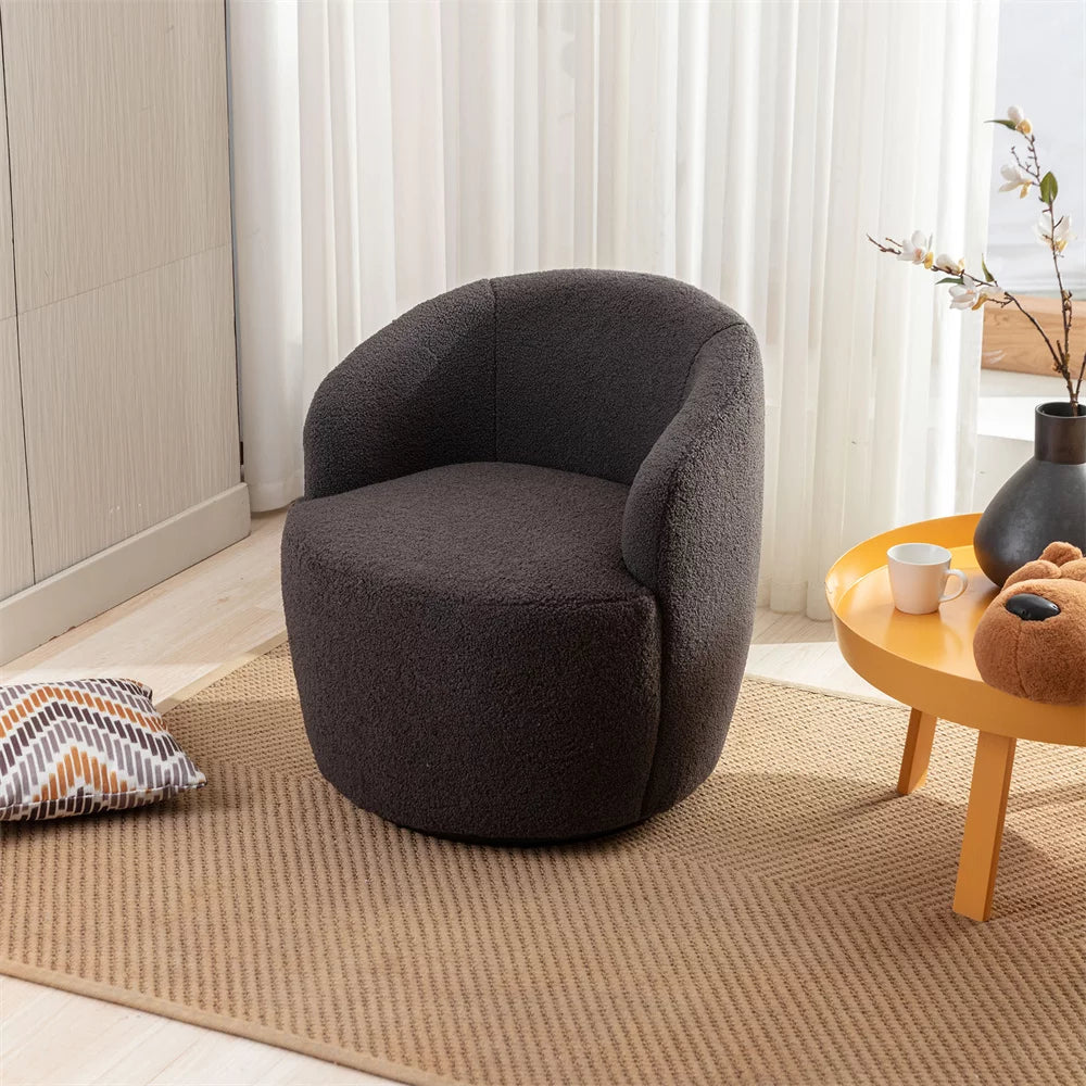 Swivel Barrel Chair, Modern Teddy Fabric Upholstered Lounge Chair Armchair with Round Metal Base, Comfy Single Sofa Chair Leisure Club Chair with 360 Degree Swiveling for Living Room Office, Dark Gray