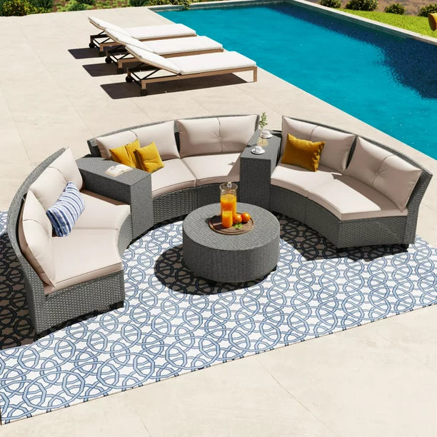 9-Piece Outdoor Wicker Round Sofa Set, Half-Moon Sectional Patio Sofa Set with Side Table, Curved Sofa Set With Round Coffee Table, Steel Legs, Movable Cushion, Beige Cushion & Gray Frame