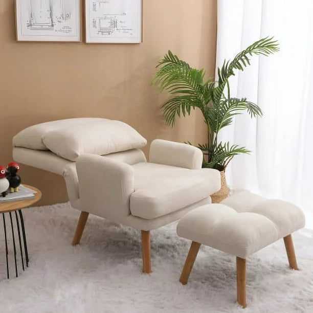 Accent Chair with Ottoman Set, Modern Fabric Upholstered Armchair with Wooden Legs and Adjustable Backrest, Comfy Lounge Chair Single Sofa Chair for Living Room, Bedroom, Reading Room, Beige