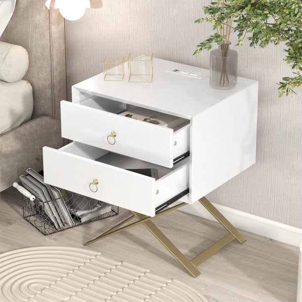 Nightstand with USB Charging Ports, Bed Side Table/Night Stand, Small End Table Side Tables, Modern Wood Storage Bedside Tables with Drawers and X shape Golden Handle for Small Space (White)