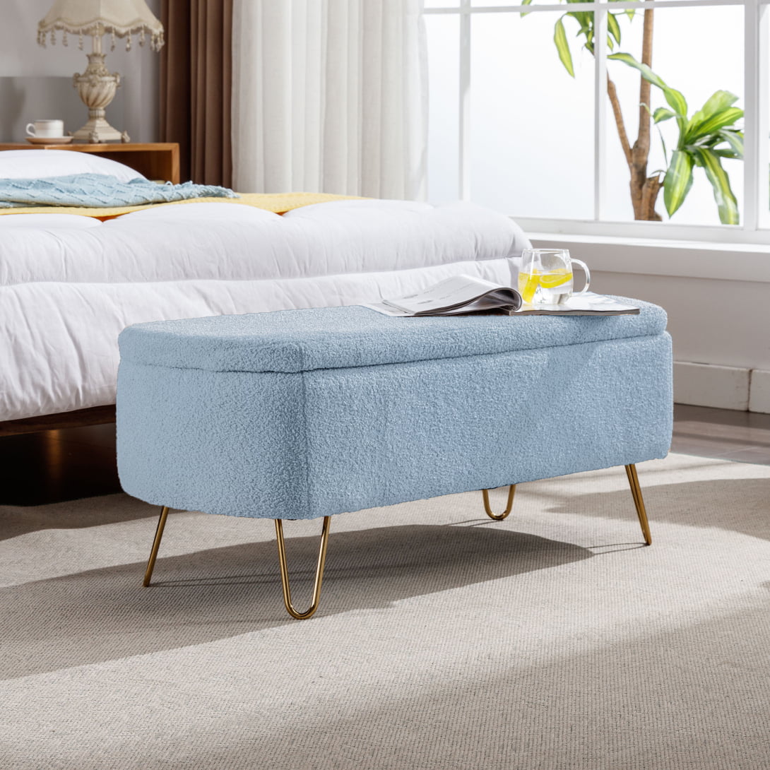 Storage Ottoman Bench with Golden Metal Legs,Modern Faux Fur Entryway Bench,Accent Ottoman Bench Upholstered Padded with Storage for Living Room Bedroom Foyer,Blue