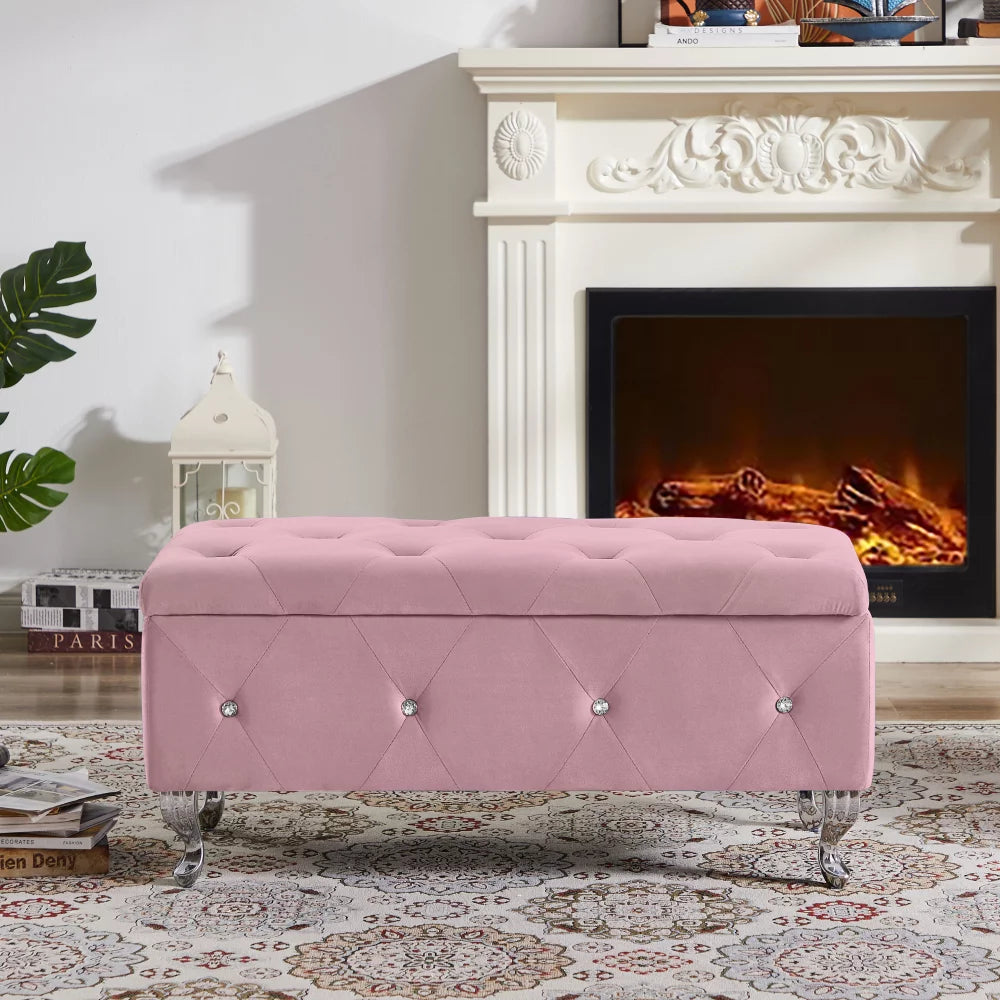 Storage Bench, Entryway Ottoman Bench with Safety Hinge and Large Storage Space,Upholstered Bed End Stool for Hallway Living Room Bedroom, Pink