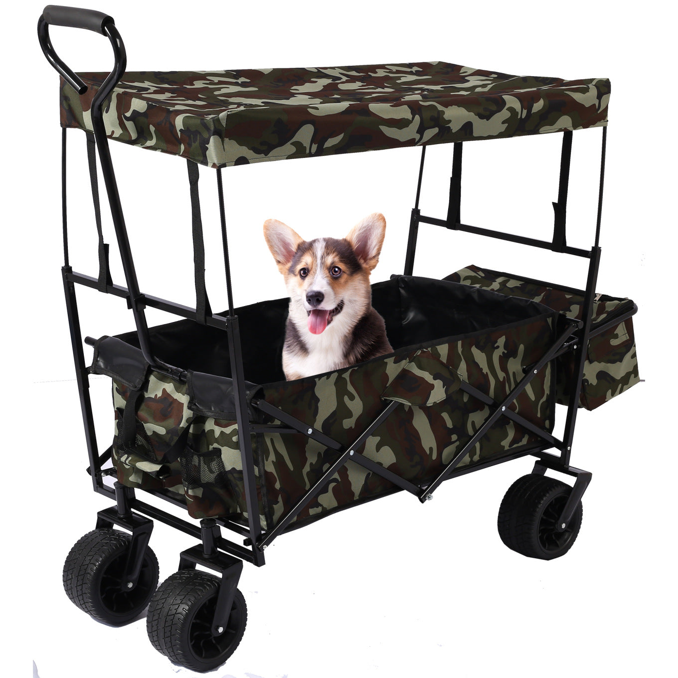Folding Wagon Garden Cart 250LBS Capacity, Portable Beach Trolley Cart with Removable Canopy, Collapsible Wagon Cart with 4 Universal Wheels for Shopping Park Picnic, Beach Trip, Camping, Black