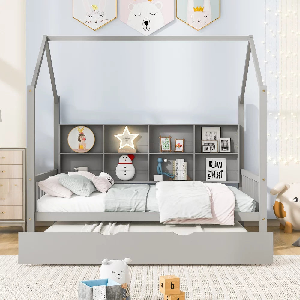 Full Size House Bed with Trundle, Wooden Platform Bed Frame with Storage Bookcases, Headboard & Footboard, Multifunctional Tent Bed for Kids Boys Girls Bedroom, No Box Spring Needed, Grey