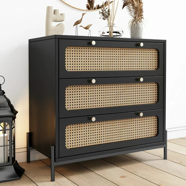 Modern 3 Drawer Dresser, Rattan Chest of Drawers with Spacious Storage Rattan Dresser, Closet Storage Bedside Table Dresser for Bedroom Living Room Entryway, Hallway, Black